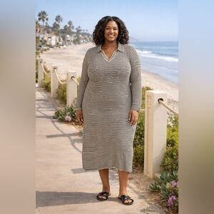 A New Day xxxl Striped Long Sleeve Black & Ivory Lined Midi Dress Target